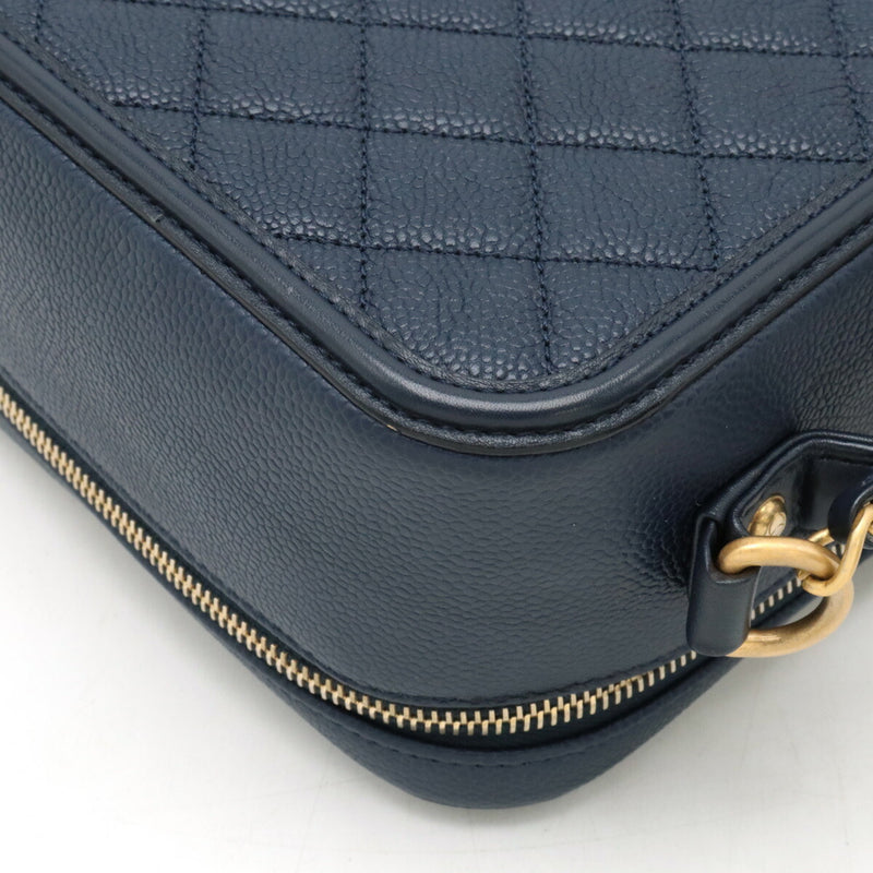 CHANEL CC Filigree Matelasse Vanity Case Handbag Chain Shoulder Caviar Skin Navy A93344