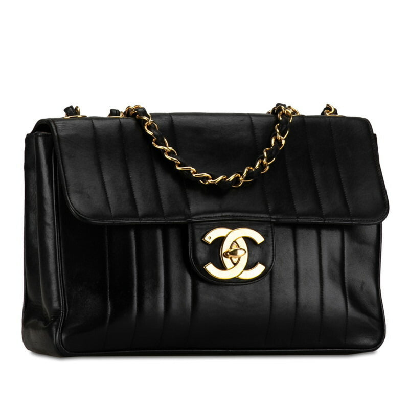 Chanel Mademoiselle Coco Mark Double Flap Chain Shoulder Bag Black Gold Lambskin Women's CHANEL