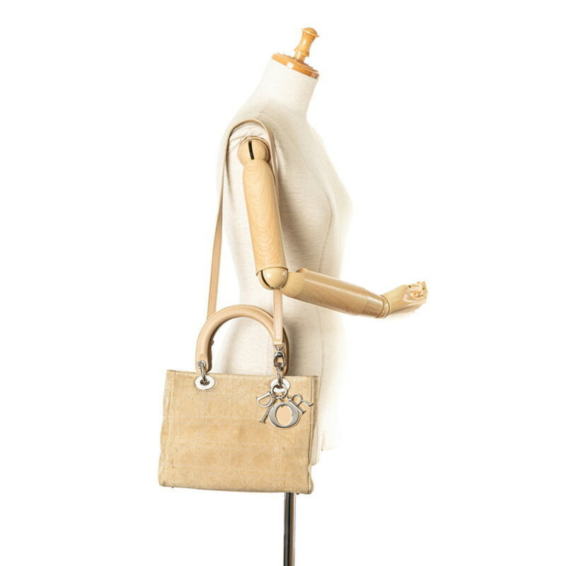 Christian Dior Dior Cannage Lady Handbag Shoulder Bag Beige Suede Leather Women's