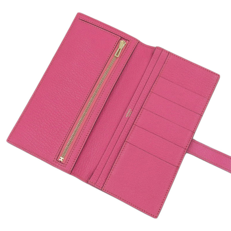 Hermes HERMES Bear Souffle Bifold Long Wallet Chevre Pink Rose Shocking GP Metal Fittings □M Engraved