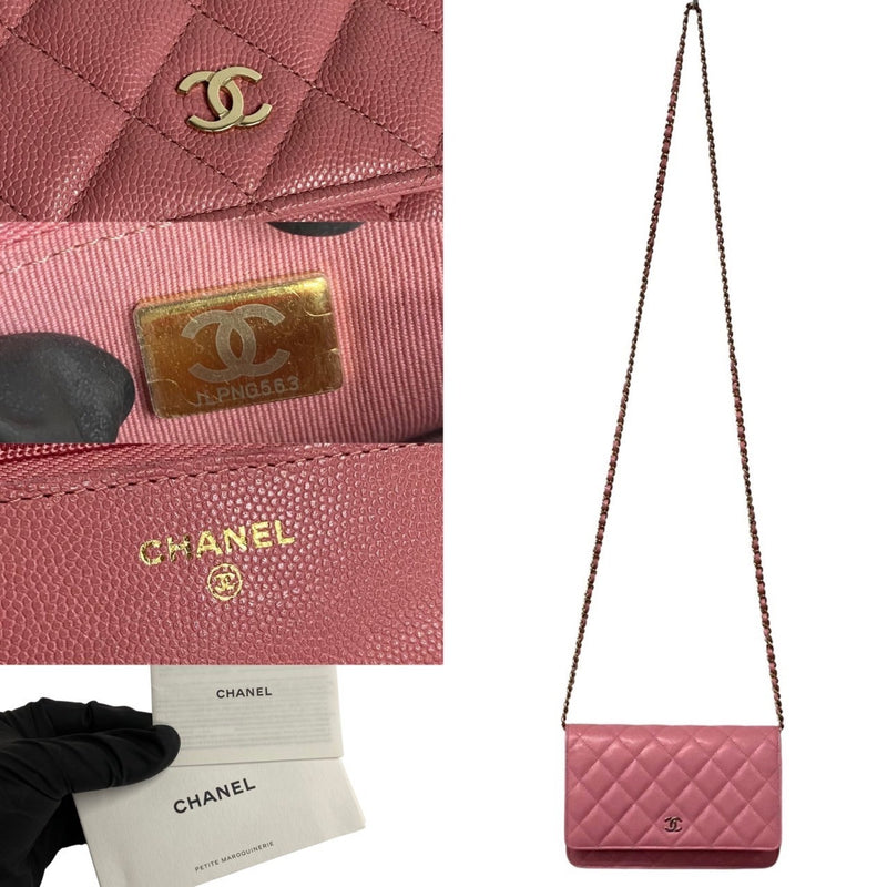 CHANEL Caviar Skin Matelasse Leather Chain Shoulder Bag Wallet Pink 15560