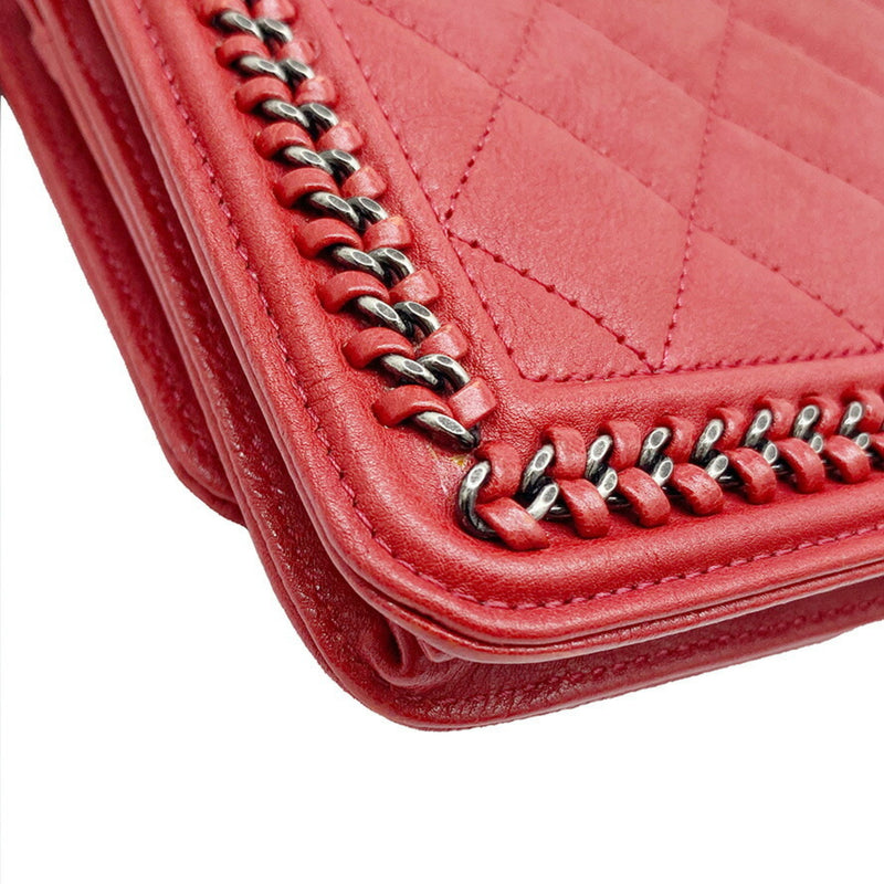 CHANEL Boy Chanel Chain Wallet Shoulder Bag Red S Hardware Lambskin Ladies