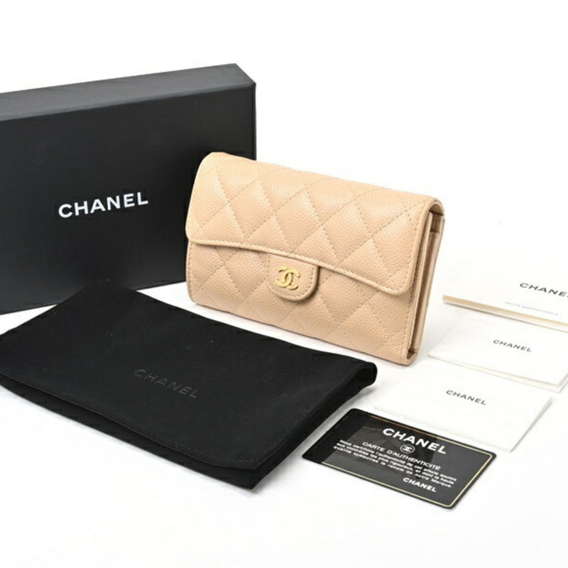 CHANEL Matelasse Medium Flap Wallet AP0232 Caviar Skin Beige S-155823