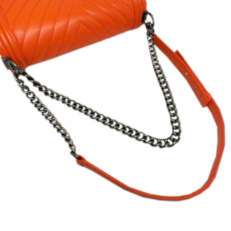 CHANEL Boy Chanel Chain Shoulder Bag Leather Orange V Stitch 23 Series