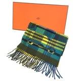 HERMES Men's Scarf Tartan Check Echarpe HER-MES 100% Cashmere Yellow x Blue 2020 Women's Hermes Muffler aq9411