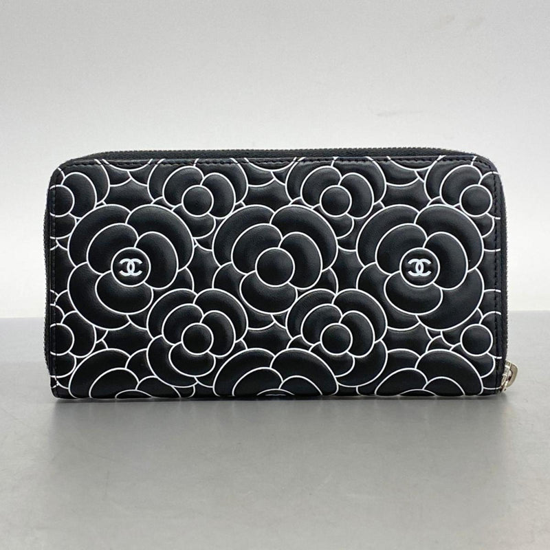 Chanel Long Wallet Camellia Lambskin Black White Women's