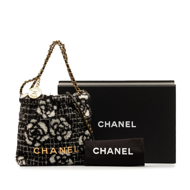 Chanel Camellia Coco Mark Chain Tote Bag Shoulder Black White Cotton Women's CHANEL