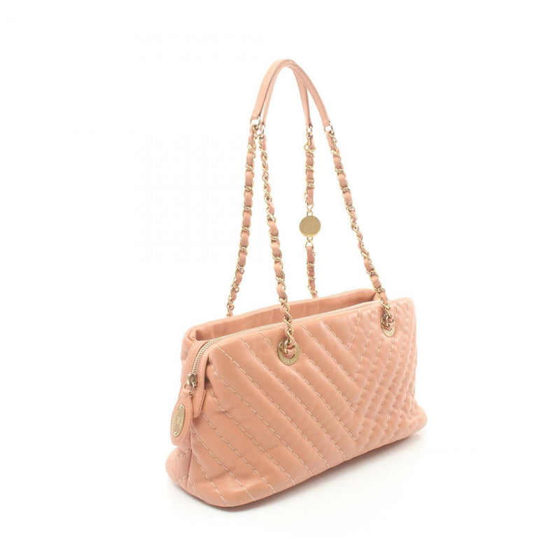 CHANEL Chevron V-stitch Tote Bag Leather Women's Pink