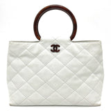 Chanel CCCC Mark Round handle wood style Hand Bag White x Brown