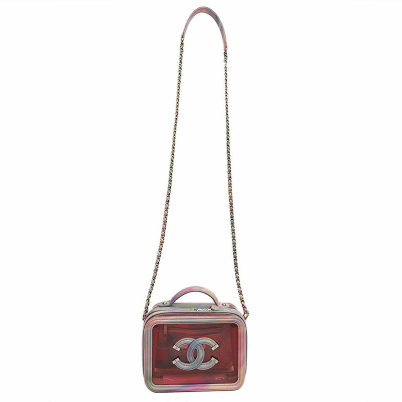 CHANEL CC Filigree Vanity Chain Shoulder Bag PVC Vinyl Pink Pochette Women's Square