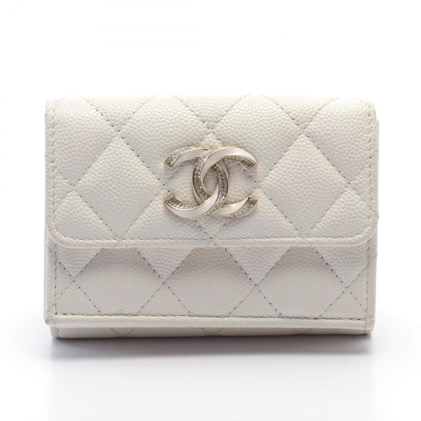 CHANEL Coco Mark Tri-fold Wallet, Caviar Skin, Women's, White