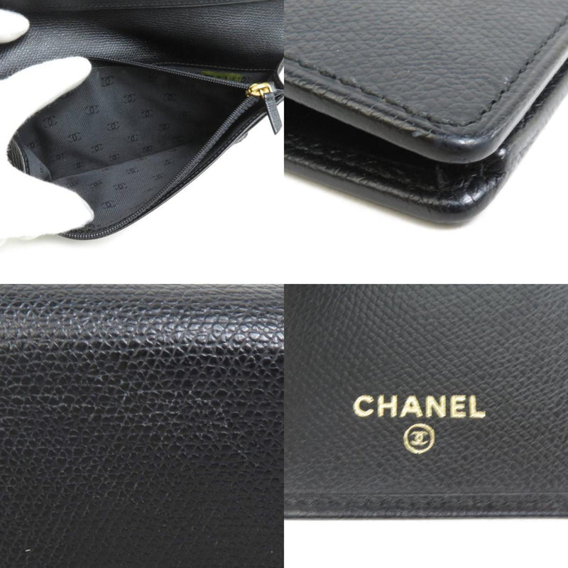 CHANEL Bi-fold Wallet Coco Button Leather Black Women's