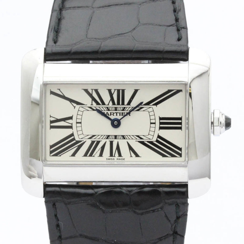 Polished CARTIER Tank Divan Steel Leather Quartz Mens Watch W6300655 BF558790