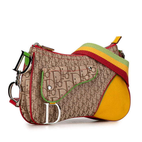 Christian Dior Dior Trotter Saddle Rasta Shoulder Bag Beige Yellow Canvas Leather Women's