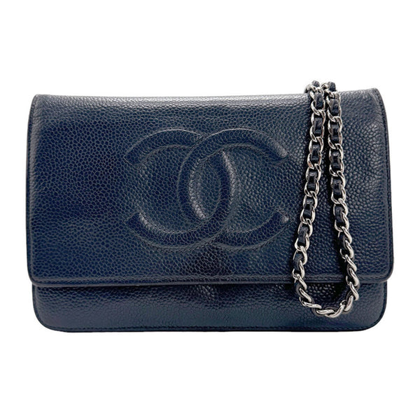 CHANEL Wallet Chain Shoulder Bag Caviar Skin Leather Metal Navy Silver Women's z1216