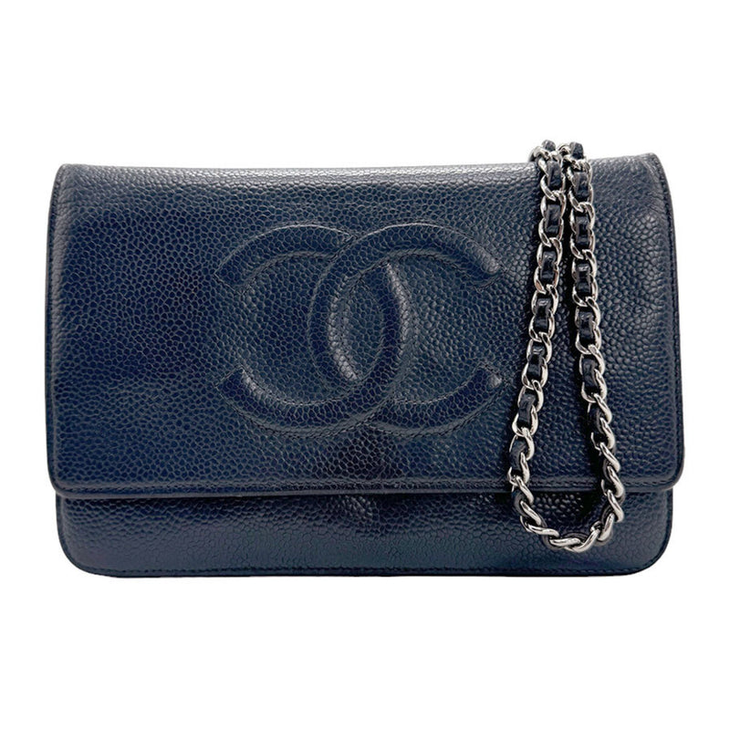 CHANEL Wallet Chain Shoulder Bag Caviar Skin Leather Metal Navy Silver Women's z1216