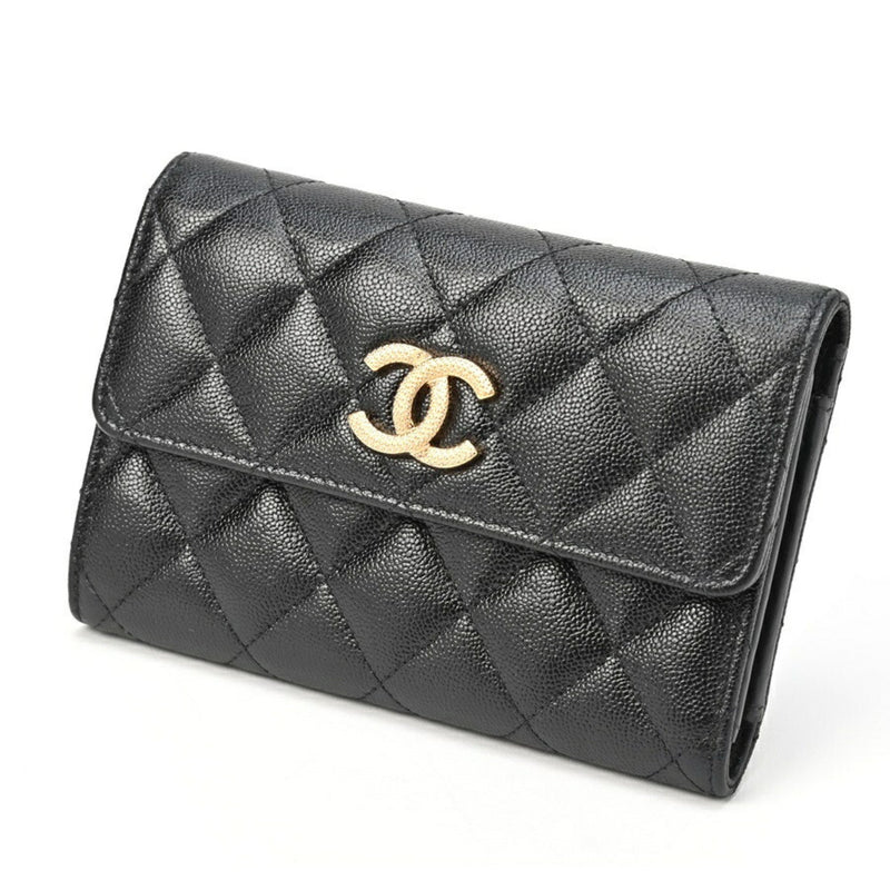 CHANEL Matelasse Medium Flap Wallet AP2963 Caviar Skin Black Gold S-155522