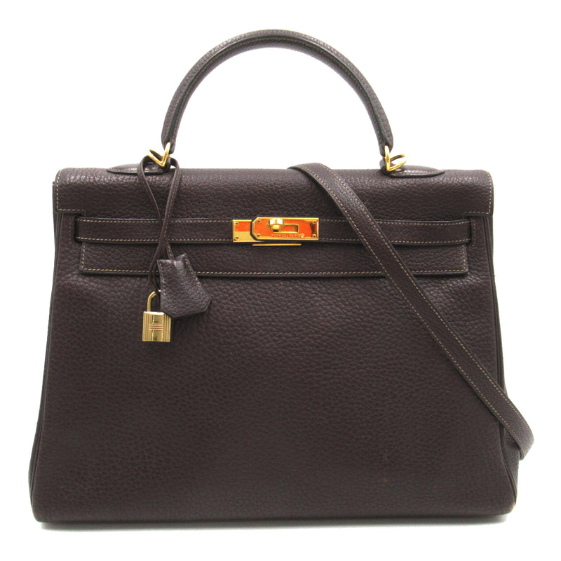 HERMES Kelly 35 Brown Chocolat Fjord leather Calfskin (cowhide)