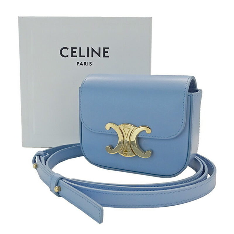 CELINE Bag Women's Triomphe Shoulder Shiny Calfskin Celeste Light Blue