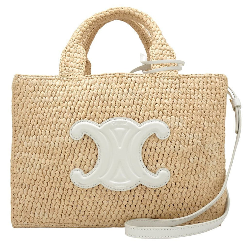 CELINE Small Cabas Thais 116302FF7.01BC 2-Way Bag Raffia x Calfskin White Beige 351670