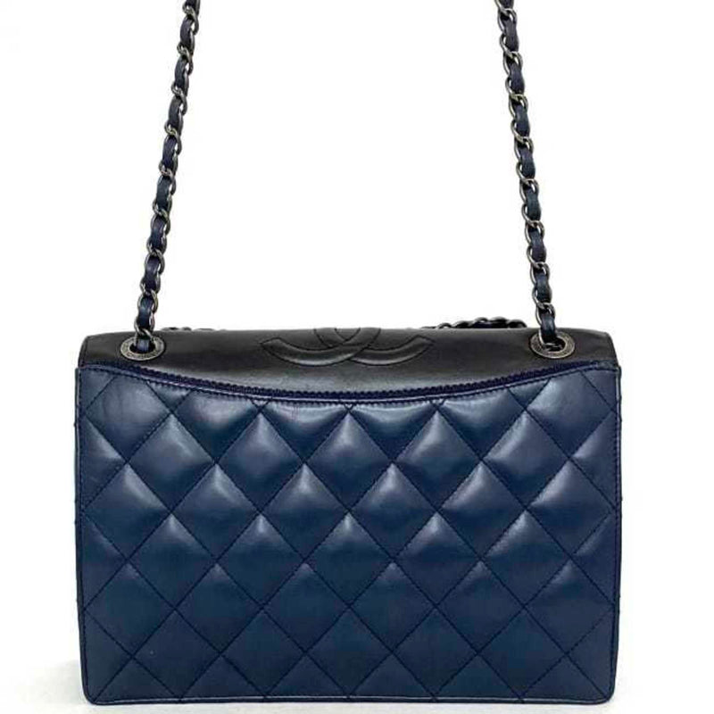 CHANEL Chain Shoulder Bag Navy Black Silver Matelasse Single Flap Leather Lambskin 2 Coco Mark Blue Ladies