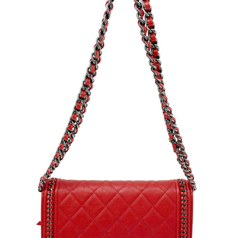 CHANEL Boy Chanel Chain Wallet Shoulder Bag Red S Hardware Lambskin Ladies