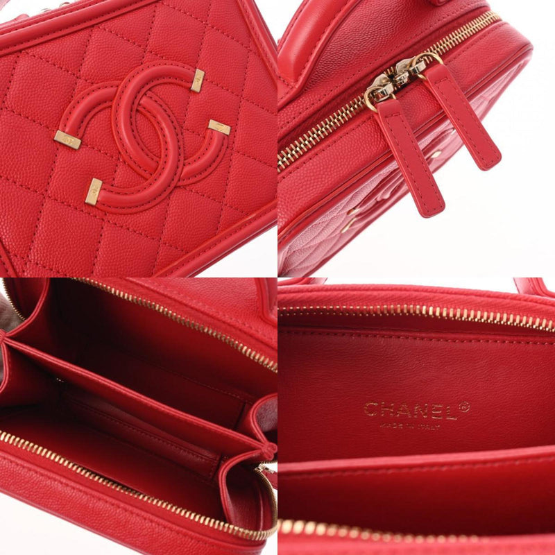 CHANEL CC Filigree Small Vanity Chain Shoulder Bag Red A93343 Women's Caviar Skin Handbag