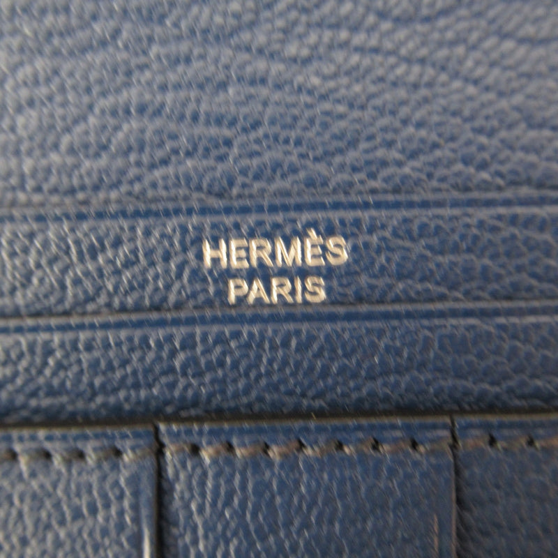 HERMES Bearn Souffle Bifold Long Wallet Blue Shave leather