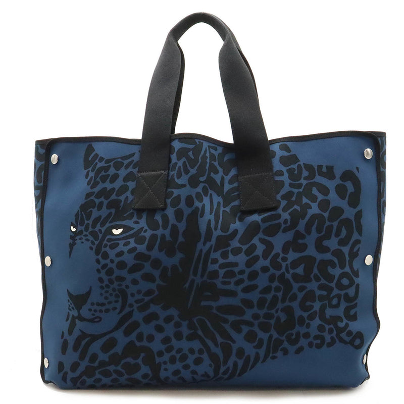 HERMES Hermes Beach Tote Leopard Bag Canvas Blue Black