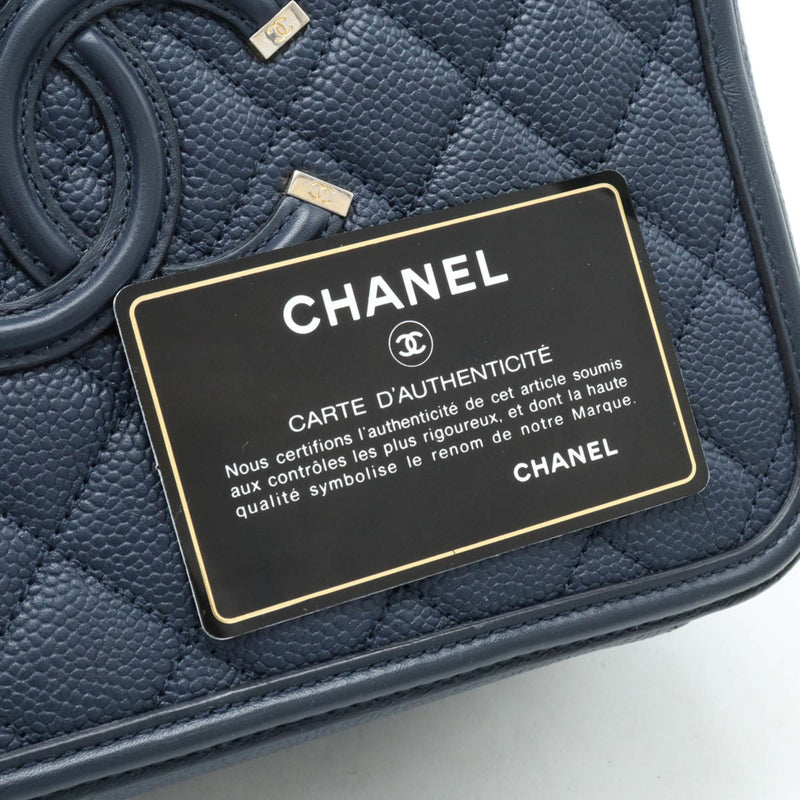 CHANEL CC Filigree Matelasse Vanity Case Handbag Chain Shoulder Caviar Skin Navy A93344