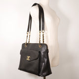 CHANEL Chain Tote Shoulder Bag Caviar Skin Black Women's