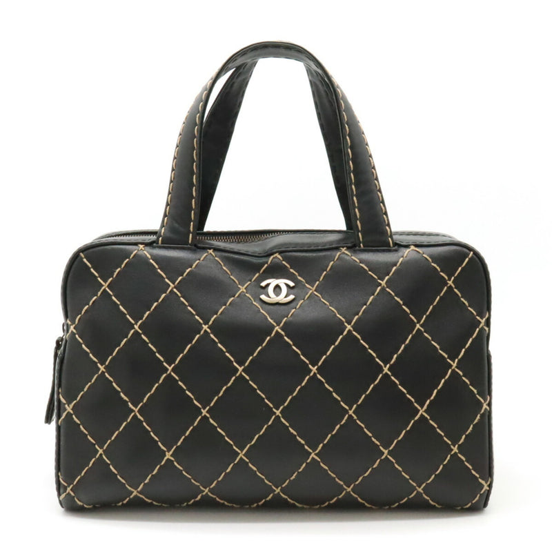 CHANEL Wild Stitch Handbag Boston Bag Leather Black A14692