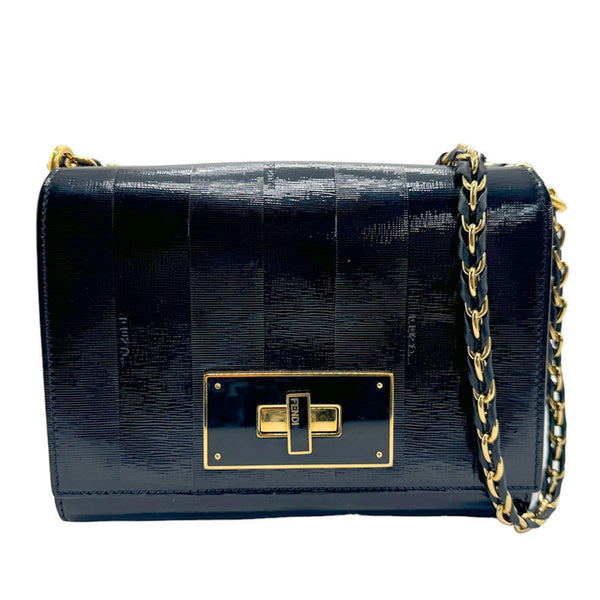 FENDI Shoulder Bag Claudia Mini Vernice Patent Leather Black Gold Women's z1796