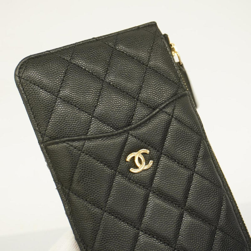 Chanel Long Wallet Matelasse Caviar Skin Black Champagne Women's