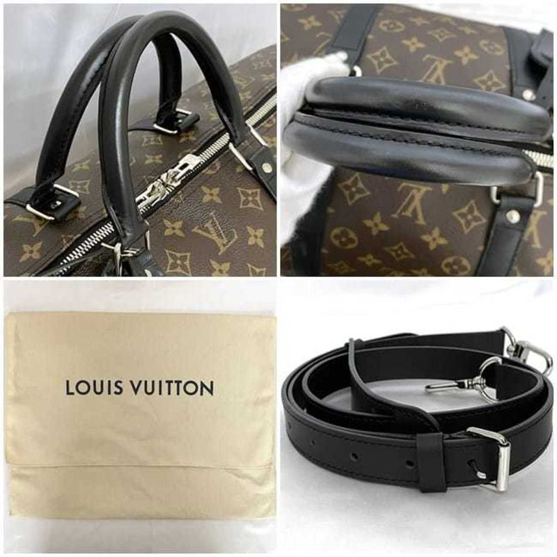 Louis Vuitton 2-way Boston Bag Keepall 55 Bandouliere Brown Black Monogram Macassar M56714 Shoulder Canvas Leather AA1107 LOUIS VUITTON