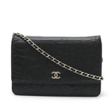 CHANEL Camellia Chain Wallet Shoulder Bag Pochette Lambskin Leather Black 7421