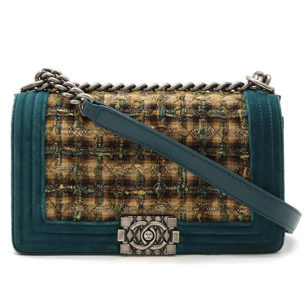 CHANEL Boy Chanel Matelasse Coco Mark Chain Shoulder Bag Velour Tweed Brown Multicolor Green A67775