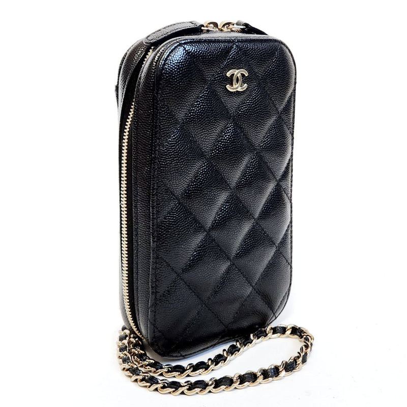 CHANEL Matelasse Phone Holder A70655 Chain Shoulder Bag Black Caviar Skin Smartphone Pouch Case for Women