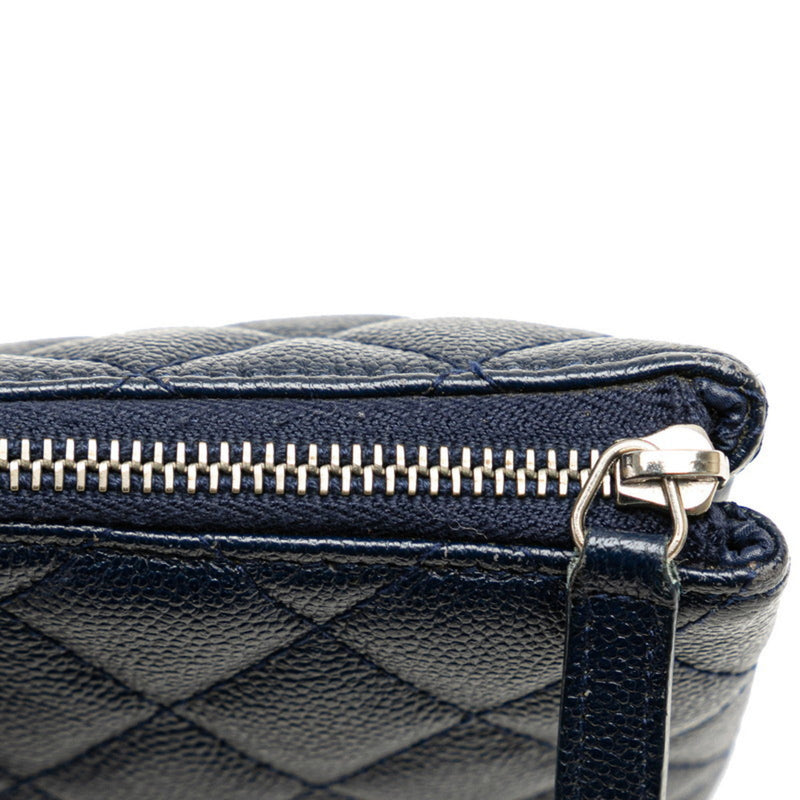 Chanel Coco Mark Pouch Navy Silver Leather Women's CHANEL