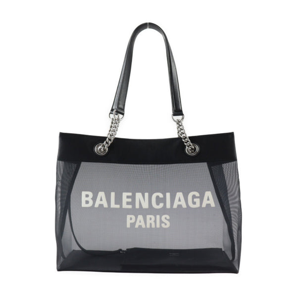 BALENCIAGA Duty Free Tote Bag 741602 Mesh x Leather Black Silver Hardware Shoulder Logo with Pouch