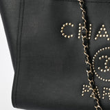 CHANEL Deauville Studded Tote Chain Black Champagne A57067 Women's Caviar Skin Bag