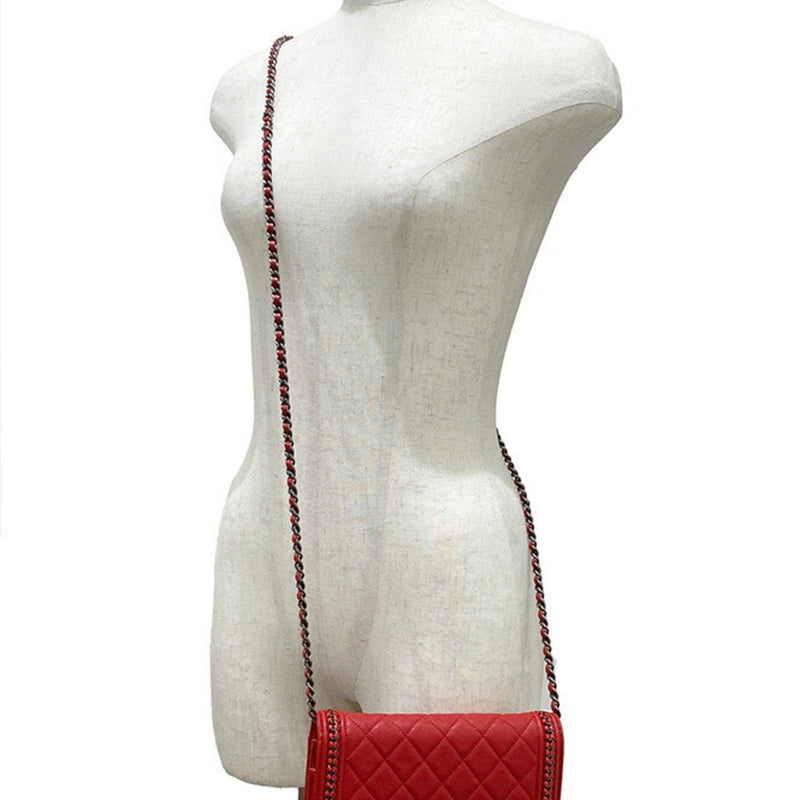 CHANEL Boy Chanel Chain Wallet Shoulder Bag Red S Hardware Lambskin Ladies