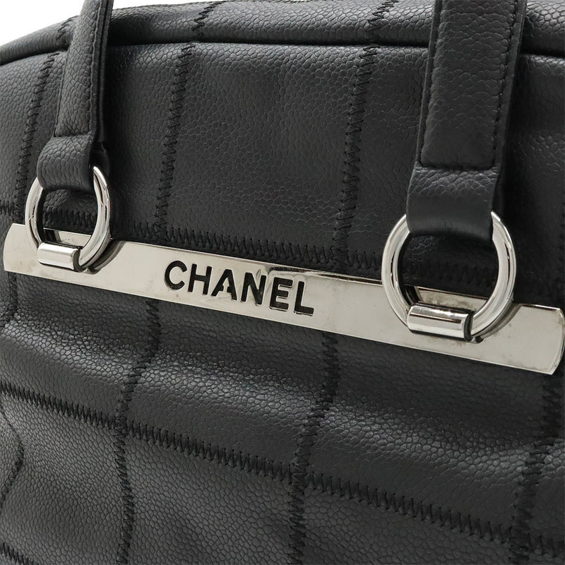 CHANEL Chocolate Bar Boston Bag Shoulder Caviar Skin Leather Black