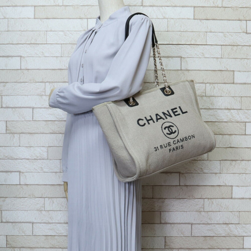 Chanel Deauville MM Tote Bag Canvas A67001 Beige Women's CHANEL Chain