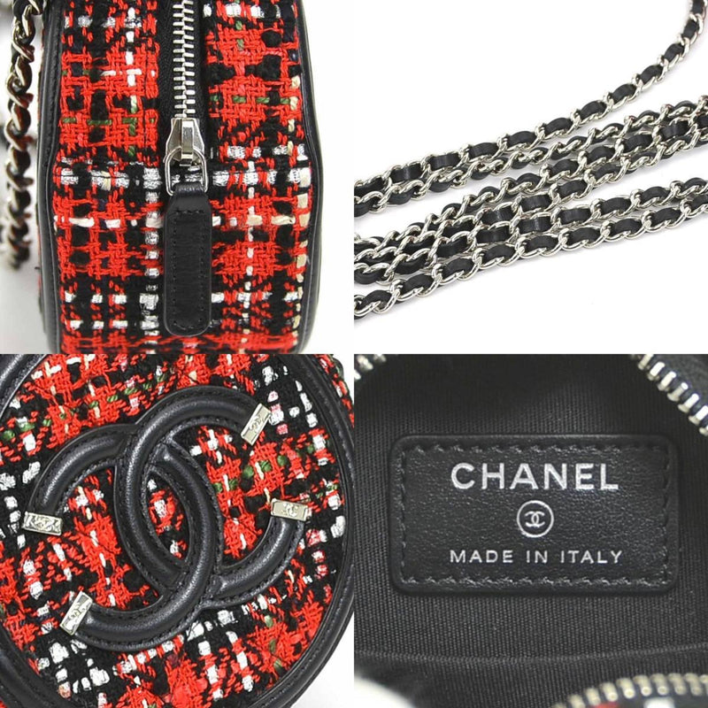 CHANEL Crossbody Shoulder Bag Coco Mark Tweed/Leather/Metal Red/Black/Silver Women's