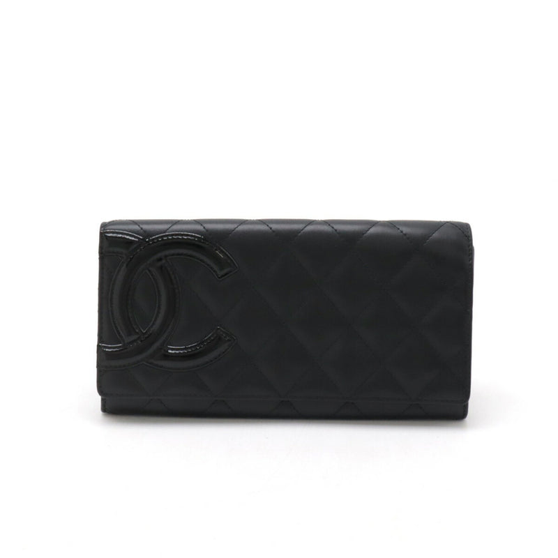 CHANEL Cambon Line Coco Mark Bi-fold Long Wallet Soft Calf Leather Enamel Black Pink A50077