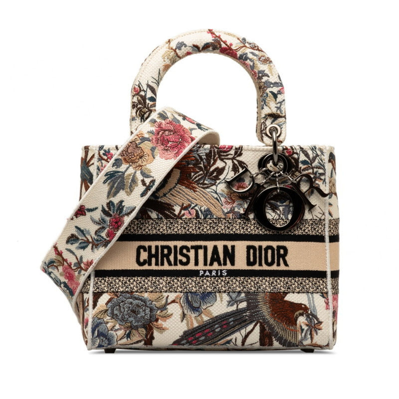 Christian Dior Dior Book Tote Dee-Lite Bird Flower Handbag Shoulder Bag White Multicolor Canvas Women's