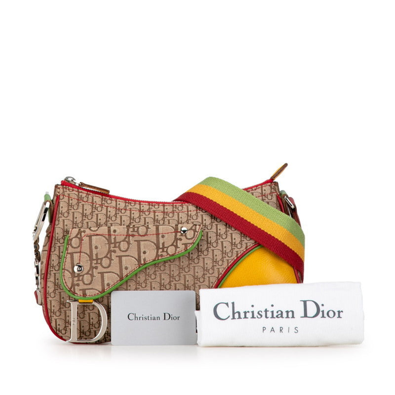 Christian Dior Dior Trotter Saddle Rasta Shoulder Bag Beige Yellow Canvas Leather Women's