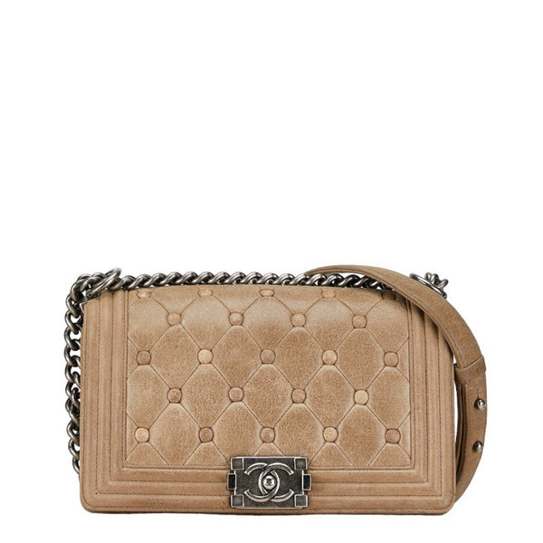 Chanel Boy Coco Mark Chain Shoulder Bag Beige Leather Women's CHANEL