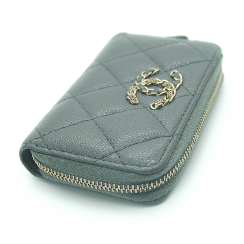 CHANEL Matelasse Zip Coin Purse Coco Mark Caviar Skin Gray Case Y03255